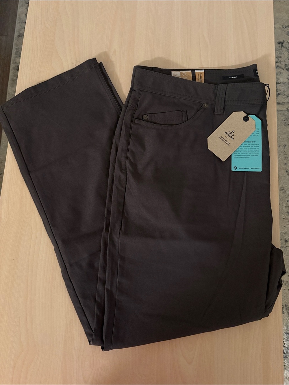 NWT Men's prAna Brion Slim Fit Pant II Size 42x30 Dark Iron Tapered Leg